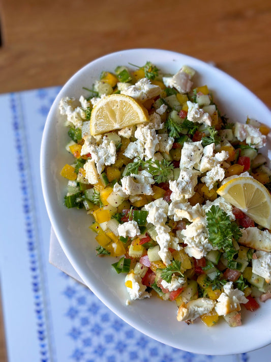 Bowl of Chopped Salad with Baked Feta